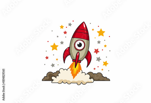 Colorful Cartoon Rocket Ship Launching into a Starry Sky with Vibrant Flames and Animated Smoke Trail in a Whimsical Space Adventure Illustration