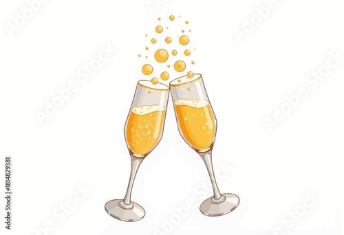 Illustration of Two Champagne Glasses Clinking with Sparkling Bubbles Celebrating with Refreshing Beverage on White Background
