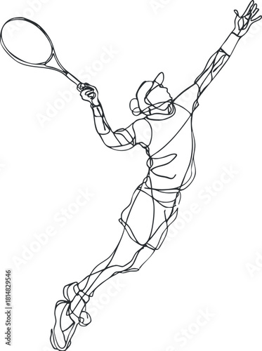Dynamic line art vector illustration of a tennis player serving with a racket, perfect for sports-themed projects.