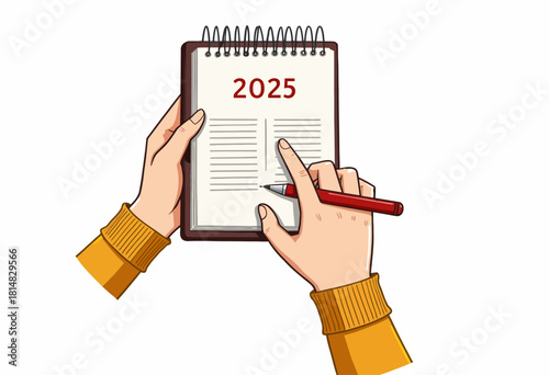 Illustration of a Person Writing in a Year Planner with Red Pen Highlighting the Year 2025 in a Spiral-Bound Notebook Held by Hands in Warm-Toned Sweaters