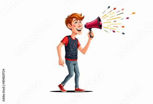 Vibrant Illustration of a Joyful Young Man Expressing Enthusiasm Through a Colorful Megaphone with Splashes of Colorful Sound Emphasizing Communication