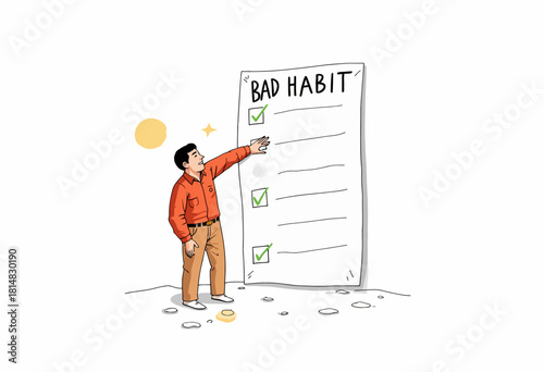 Illustration of a Person Checking Off Items on a Large List Labeled 'Bad Habit' with a Series of Checkmarks Indicating Completion or Progression