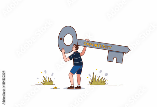 Illustration of a Person Lifting a Large Key Symbolizing Opportunity and Potential Success in a Simplified Artistic Style