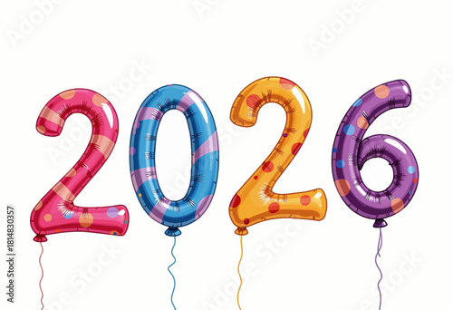 Vibrant Colorful Number Balloons Spelling 2026 with Polka Dot Patterns on a White Background Creating a Festive and Joyous Atmosphere
