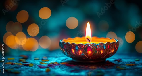 Colorful Diya With Flickering Flame Stands out Against Blurred Background Dur...
