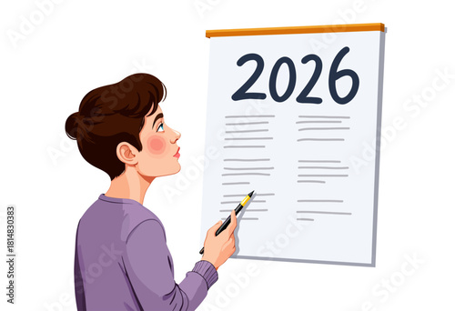 Thoughtful Person Contemplating Future Plans and Goals for the Year 2026 while Analyzing Strategies and Insights on a Wall-Mounted Calendar