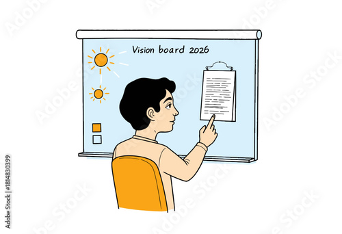 Person Engaging in Vision Board Creation for 2026 with Sun and Notes Highlighting Future Goals and Aspirations on a Whiteboard Background