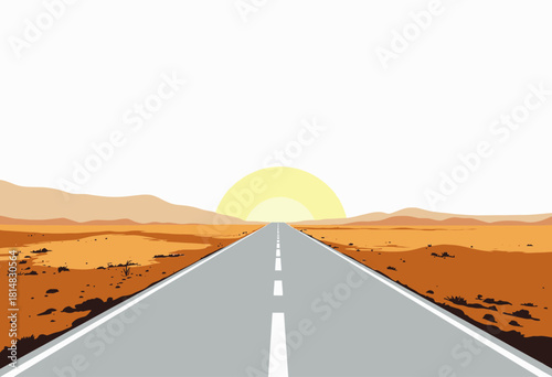 Endless Highway Stretching Into Desert Horizon with Rising Sun and Vast Orange Sand Landscape