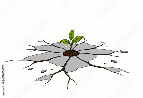 Illustration of a Resilient Green Plant Emerging Triumphantly Through Cracked Concrete Symbolizing Strength and Hope in Adverse Conditions