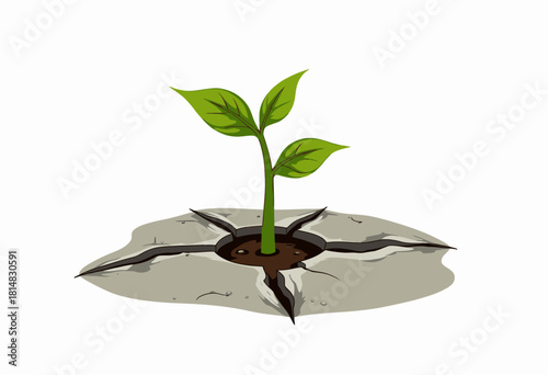 Illustration of a Resilient Green Plant Sprouting Vigorously Through Cracked Gray Concrete Surface, Symbolizing Growth, Hope, and Nature’s Tenacity