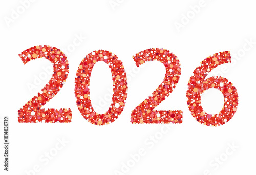 A vibrant collage of diverse red circles forming the numerical representation of the year 2026 against a clean white background, showcasing modern digital art
