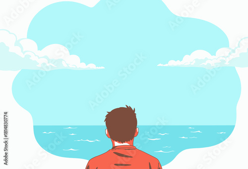 Contemplative Figure Gazing at Expansive Ocean Horizon Under a Clear Blue Sky with Puffy Clouds
