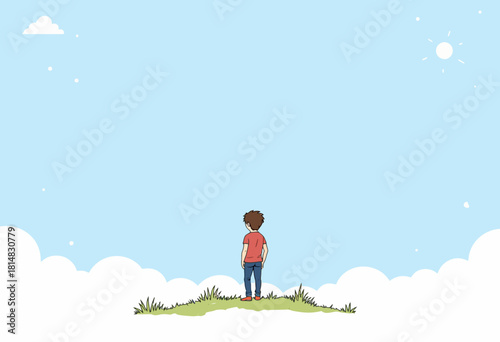 Solitary Figure Contemplating the Endless Blue Sky While Standing on a Grassy Hilltop Surrounded by Fluffy Clouds on a Sunny Day