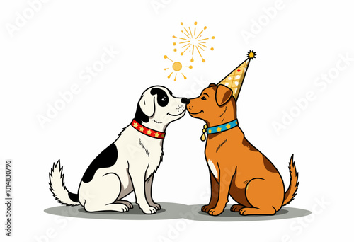 Joyful Illustrative Scene of Two Dogs Sharing a Whimsical Moment with Celebratory Fireworks and Party Hat in a Festive Atmosphere