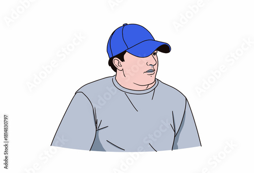 Illustration of a casual man in a blue cap facing right wearing a grey t-shirt against a simple white background