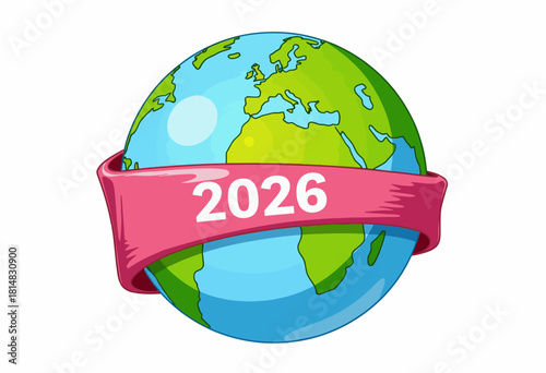 Illustration of Earth with Pink Banner Displaying Year 2026 Highlighting Global Outlook and Future Prospects