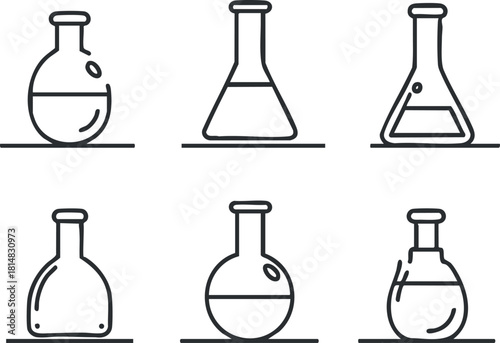 Minimalist outline vector illustration set of laboratory glassware including flasks and beakers for scientific design projects