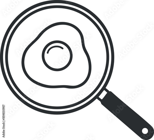 Minimalist black and white vector illustration of an egg in a frying pan for culinary and cooking projects