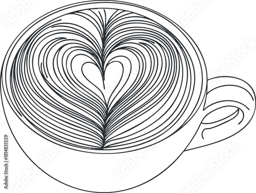 Stylized line art illustration of a coffee cup featuring intricate heart-shaped latte art for branding and design projects