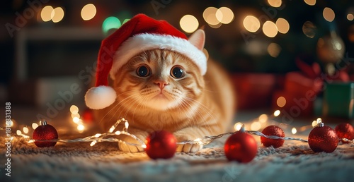 Cute Orange Cat in a Christmas Hat Surrounded by Lights and Ornaments