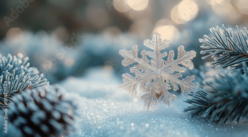 Snowflake Resting on Snowy Ground Surrounded by Pine Branches and Cones Durin...