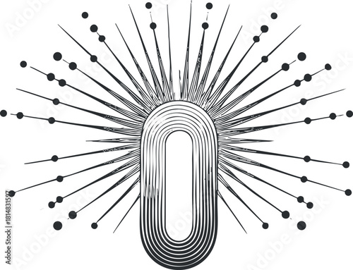 Stylized abstract vector illustration featuring a central geometric shape with radiating lines and circles, ideal for modern design projects