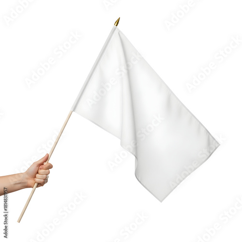 Hand holding a blank white flag waving it in surrender a symbol of truce or peace