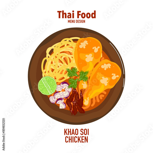 An appetizing vector illustration of Thai food of Khao Soi Chicken, a famous Northern Thai curry noodle soup, presented in a clean flat design style. Perfect for food menus and restaurant branding.