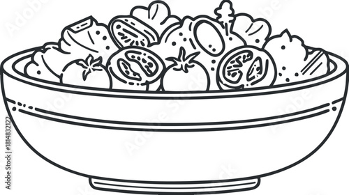 Outline vector illustration of a salad bowl filled with fresh vegetables for healthy eating and culinary design.