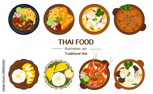 A comprehensive vector collection of Thailand's most popular dishes in a modern flat design. Includes Khao Soi, Tom Yum Goong, Panang Curry, Tom Kha Kai, and Mango Sticky Rice. Ideal for menus.