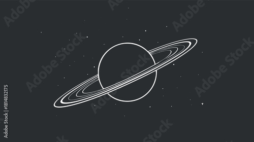Minimalist outline vector illustration of Saturn with rings against a dark cosmic background for space-themed design projects