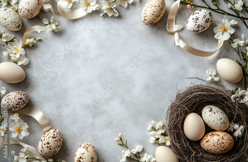 Beautiful Spring Wreath With Pastel Eggs and White Flowers on Soft Background