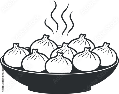 Minimalist black and white vector illustration of a steaming plate of dumplings, ideal for food-related design projects.