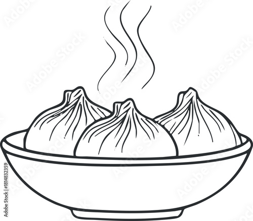 Outline vector illustration of a bowl of steaming dumplings, perfect for culinary and food design projects