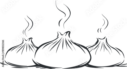 Stylized outline vector illustration of steaming dumplings, perfect for food-related branding and culinary designs