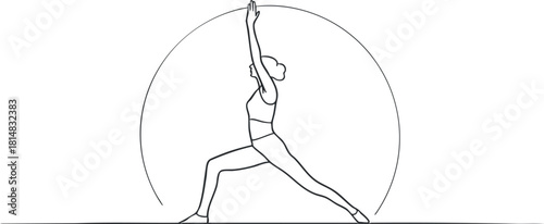 Minimalist line art illustration of a woman performing a yoga pose with a sun backdrop, ideal for wellness and fitness themes