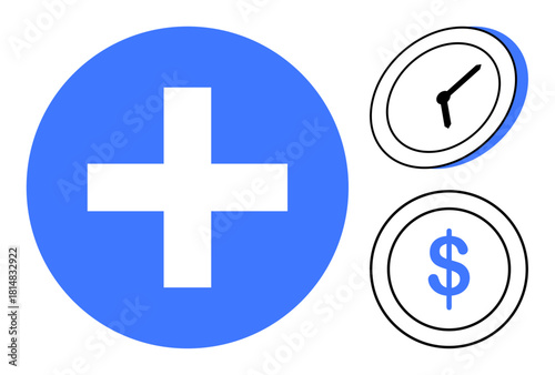 Blue plus sign, black outlined clock, and dollar sign icon, symbolizing healthcare, savings, efficiency, time management, business growth budgeting and priorities. Simple flat metaphor