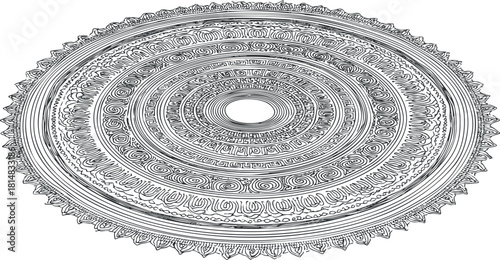 Intricate black and white vector illustration of a circular mandala design for art and decoration projects