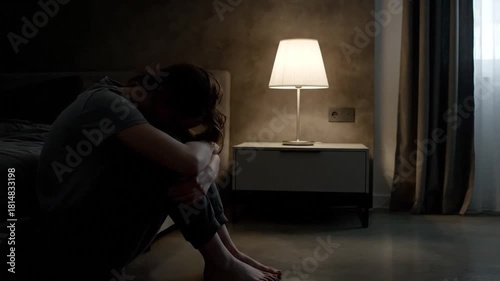 Depressed Young Woman Sitting on Floor in Dark Room Embracing Knees Seeking Comfort and Consolation Lit by Bedside Lamp Facing Left in Interior Location for Mental Health Awareness
