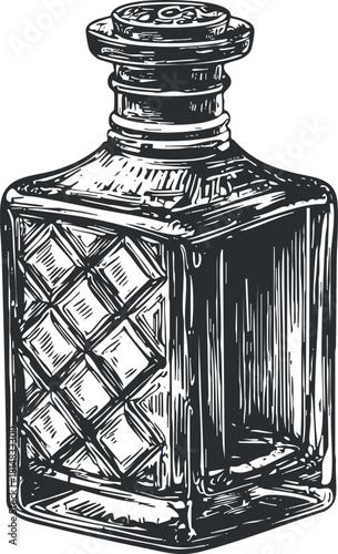 Hand-drawn vintage glass bottle illustration featuring intricate diamond patterns, ideal for retro design projects and labeling.