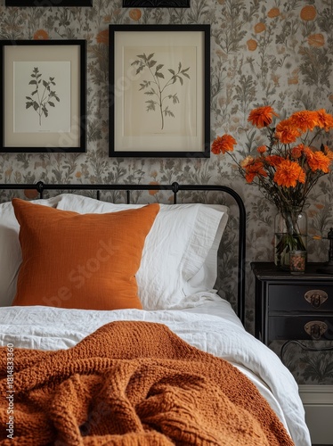 Cozy Bedroom With Warm Orange Decor and Floral Accents in a Charming Setting