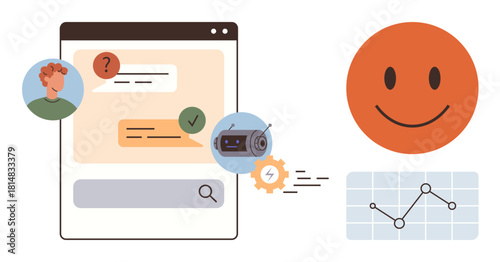 Digital chat with AI bot, user message, approval check mark, smiling face, and performance data graph. Ideal for communication, technology, analytics, feedback AI customer support simple flat