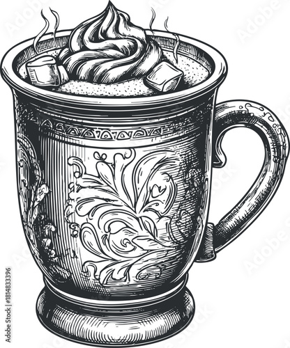 Ornate vintage vector illustration of a steaming cup of coffee topped with whipped cream and sugar cubes