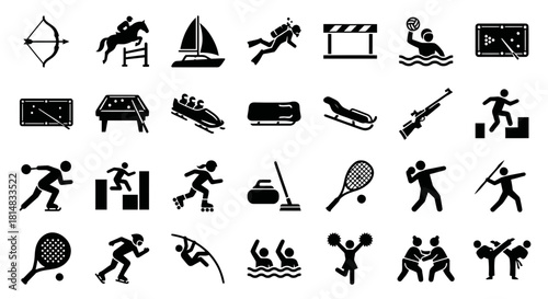Icon set featuring various sports activities in minimalist black style