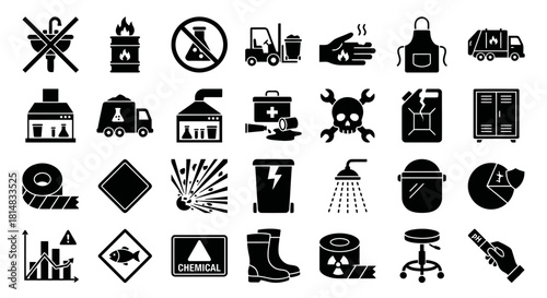 Icon set featuring safety and hazard symbols in minimalist black style