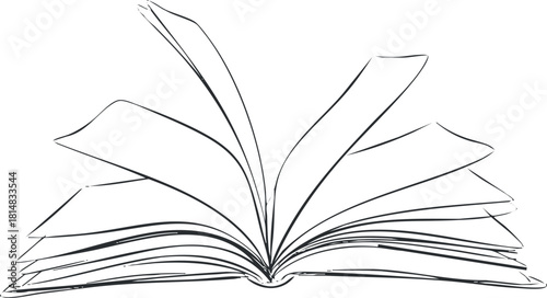 Outline vector illustration of an open book with pages fanned out, ideal for educational and literary themes.