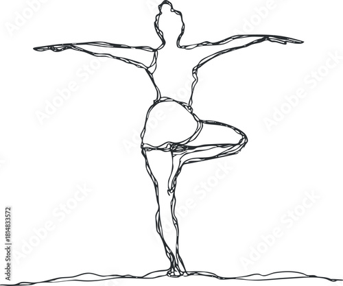 Minimalist line art illustration of a yogi in a balancing pose, perfect for wellness and fitness themes