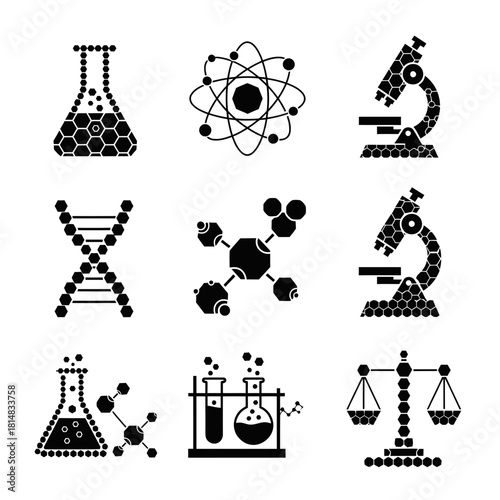 Scientific icon set featuring laboratory equipment and molecules in black