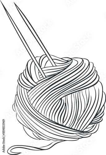 Outline vector illustration of a ball of yarn with knitting needles, ideal for crafting and design projects