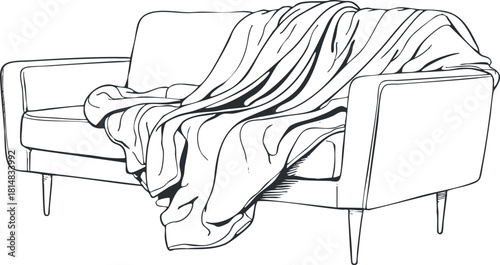 Minimalist line art vector illustration of a cozy sofa with a draped blanket, perfect for interior design concepts.